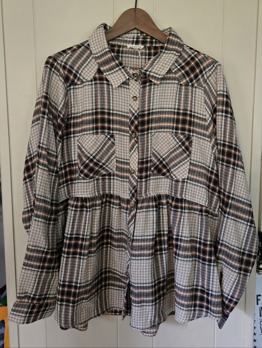 NWT Jodifl Peplum Plaid Flannel Button Down Top Long Sleeve Size 1X